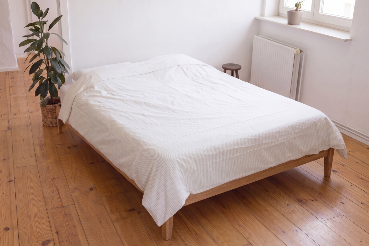 Housse de couette de mise à la terre Earthle sur un lit double près de la fenêtre, 240 x 220 cm