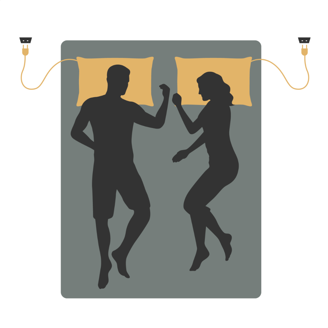 Illustration de deux personnes au lit, chacune avec une taie reliée à la terre par la prise
