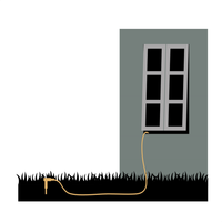 Illustration d'un piquet de terre dans le jardin, le câble passant par la fenêtre jusqu'à l'intérieur