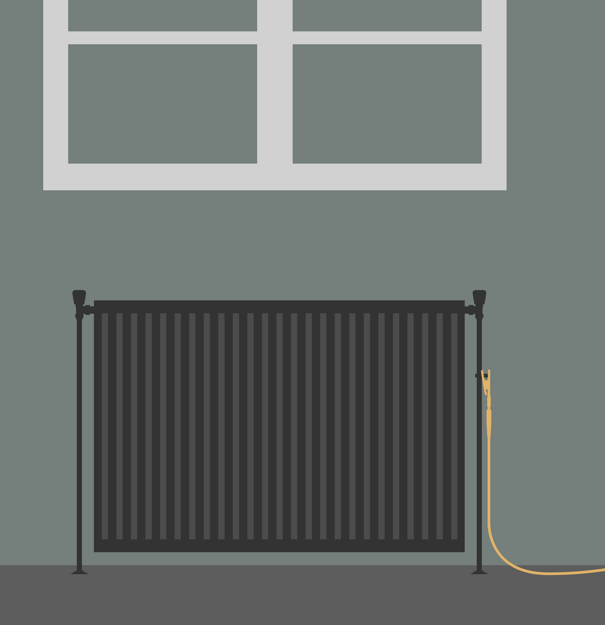 Illustration d'un radiateur avec la pince de terre fixée et le câble qui part dans la pièce