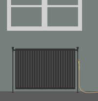 Illustration d'un radiateur avec la pince de terre fixée et le câble qui part dans la pièce
