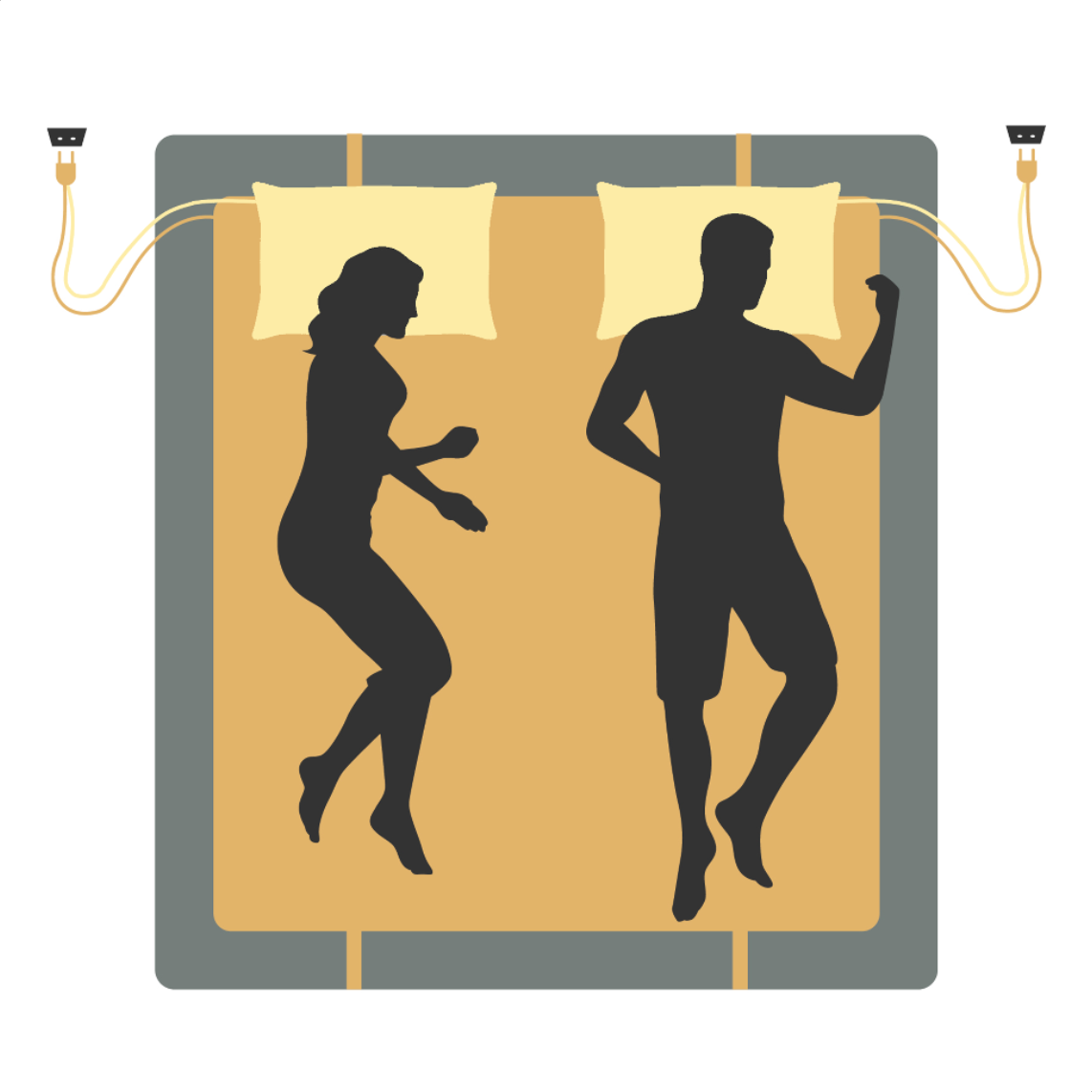 Illustration de deux personnes sur un large tapis de sommeil relié à la terre, chacune avec sa taie d'oreiller